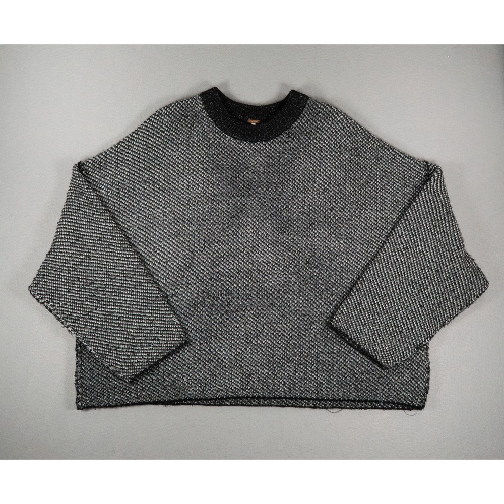 Free People Womens Sweater Large Oversized Boxy Crewneck Marled Black White Knit
